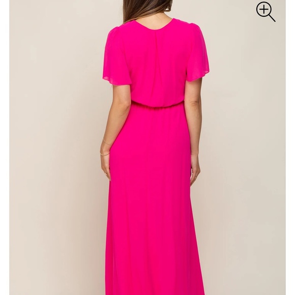 Fuchsia Chiffon Short Sleeve Wrap V-Neck Front Slit Maternity Maxi - Picture 3 of 4